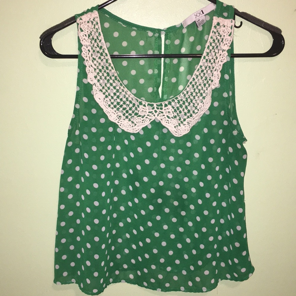 Forever 21 crochet neck green polka dot top